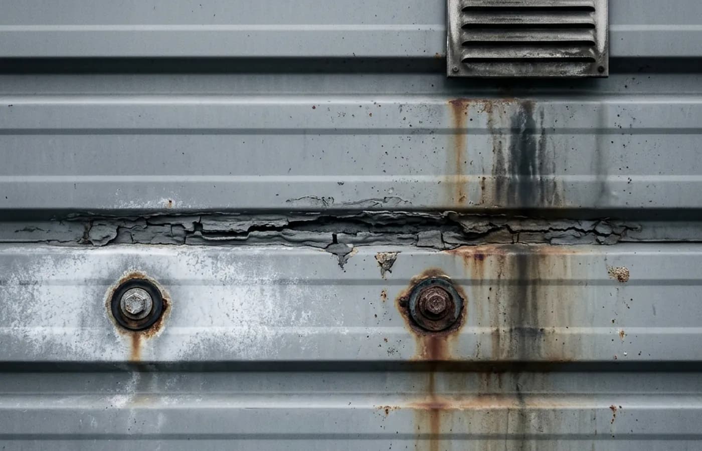 A profiled metal cladding panel joint with perished sealant and two proud fixings on a commercial elevation