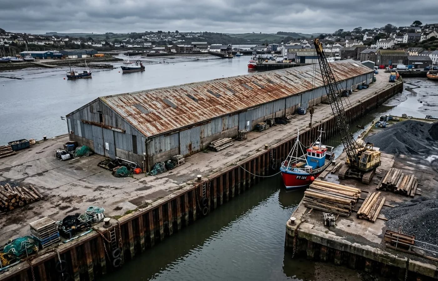 A working quay in a Devon port with a long corrugated transit shed, sheet piling and stacked cargo beside grey estuary water